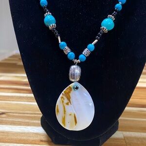 Blue Turquoise Beaded Necklace with Shell Pendant